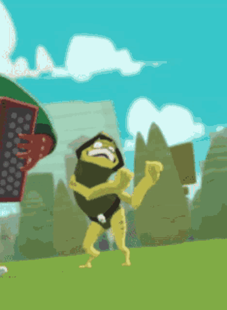 a cartoon of a frog standing in a field with a keyboard