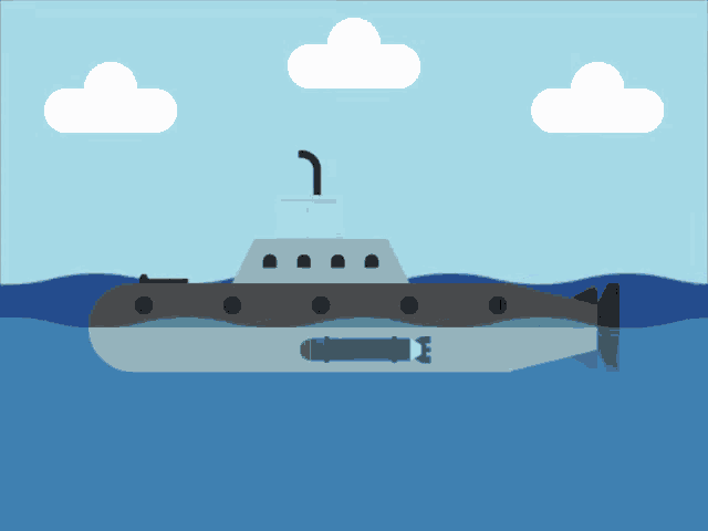 a submarine is floating in the ocean with clouds in the background