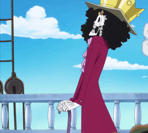 a skeleton wearing a purple coat and a gold hat stands on a balcony