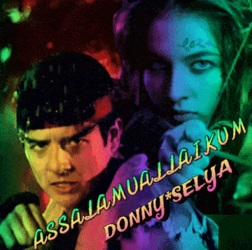 a man and a woman are standing next to each other with the words assalamualaikum donny selya on the bottom