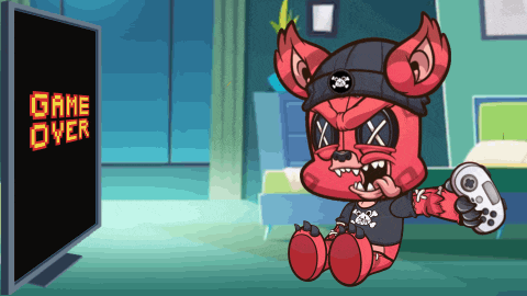 a cartoon character is holding a controller in front of a game over screen