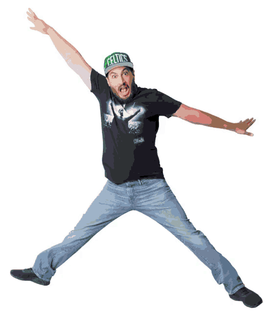 a man wearing a celtics hat and a black shirt jumps in the air