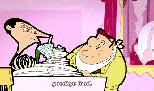 a cartoon character says goodbye food while another character looks on