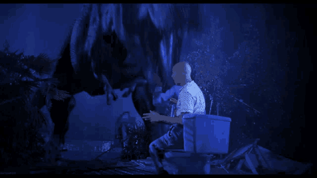 a man is sitting on a toilet in front of a dinosaur that is eating him
