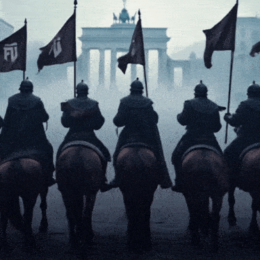 a group of men riding horses holding flags with the letter f on them