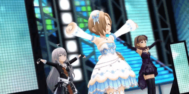 a group of anime girls are dancing on a stage in a video game .