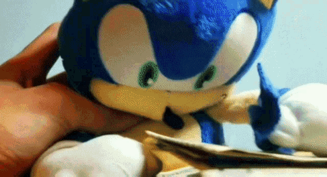 a person is holding a stuffed animal that looks like a sonic the hedgehog