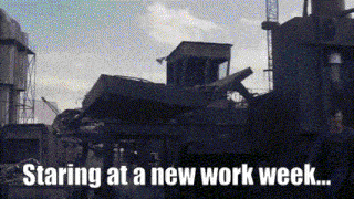 a sign that says staring at a new work week in front of a building