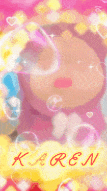a pink teddy bear is surrounded by bubbles and the name karen