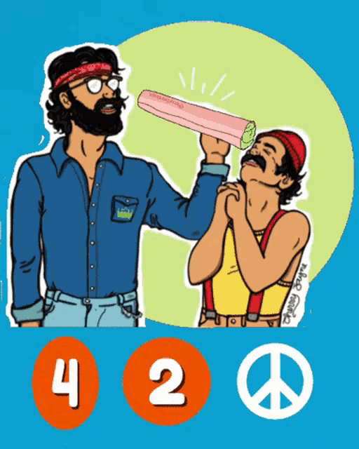 a cartoon of a man smoking a cigarette and a peace sign