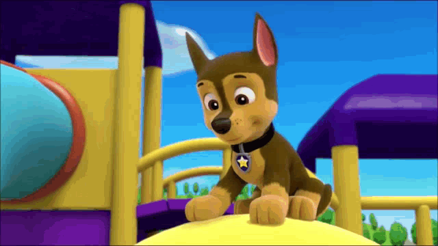 chase from paw patrol is sitting on top of a yellow playground .