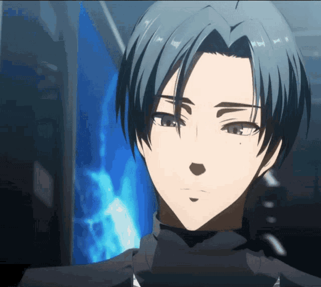 a close up of a anime character 's face with a blue background