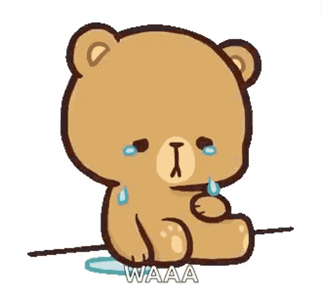 a cartoon teddy bear is sitting on the ground with tears running down its face .