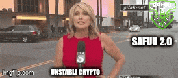 a woman in a red dress is talking into a microphone with the words unstable crypto behind her