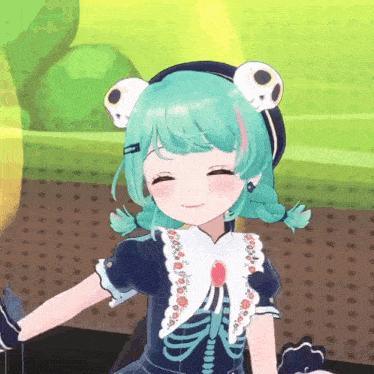 a cartoon girl with green hair and skull ears is smiling