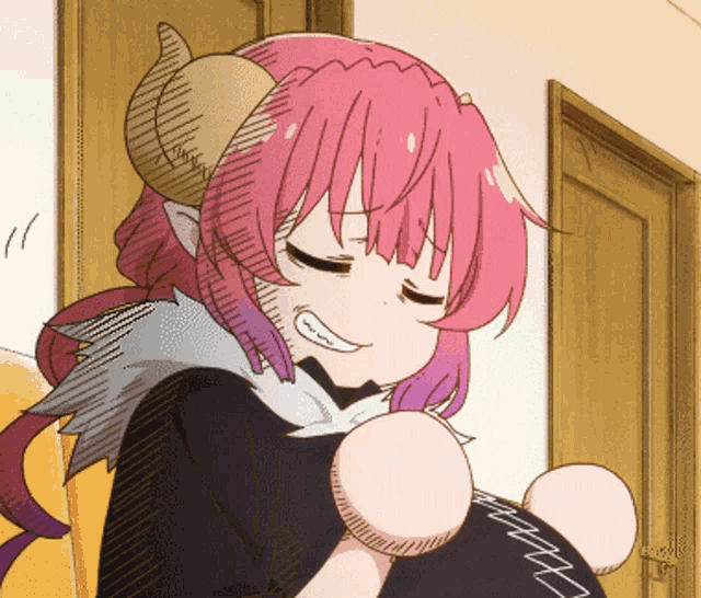 a cartoon character with pink hair and horns is smiling