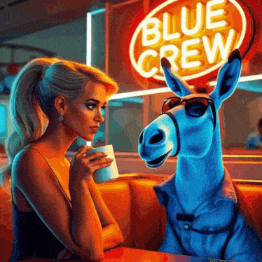 a woman sits at a table with a donkey in front of a sign that says blue crew