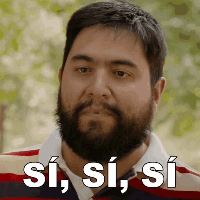 a man with a beard is wearing a shirt that says si