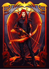 a painting of a man with red hair and wings holding a bow and arrow
