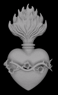 a 3d model of a heart with flames and thorns on a black background
