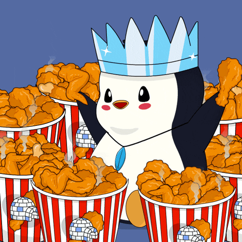 a penguin is surrounded by buckets of fried chicken