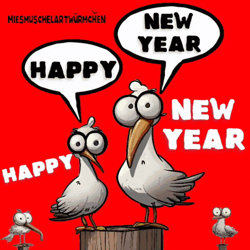 a cartoon of two seagulls with speech bubbles that say happy new year