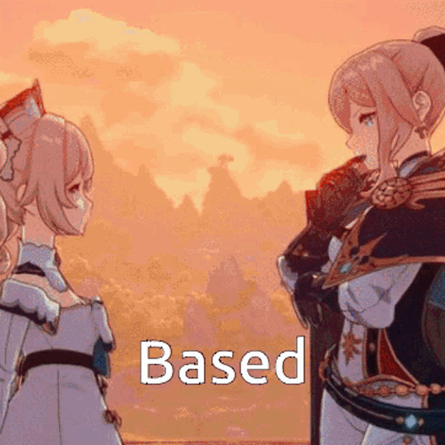 a couple of anime girls standing next to each other with the word based in the bottom right corner