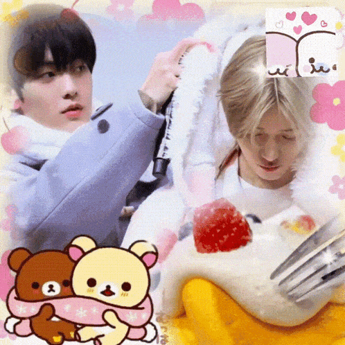 a couple of people standing next to a cake with strawberries and a fork