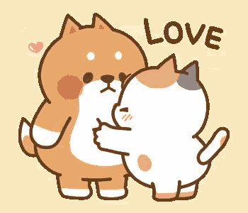 a cartoon of a dog and a cat hugging with the word love above them