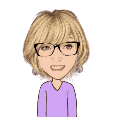 a cartoon of a woman wearing glasses and purple sweater