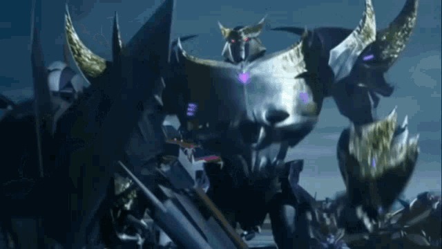 a robot with horns and purple eyes is standing in a dark room