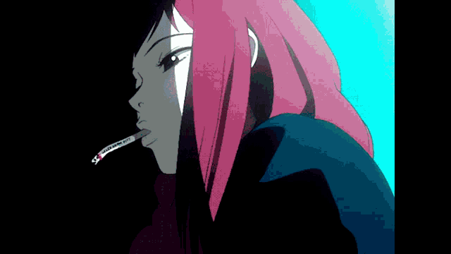 a woman with pink hair smoking a cigarette