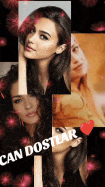 a collage of pictures of a woman with the words can dostlar on the top