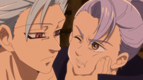 two anime characters are looking at each other and one has a hand on his chin