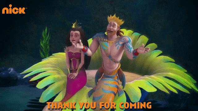 a cartoon of a man and a mermaid with the words thank you for coming