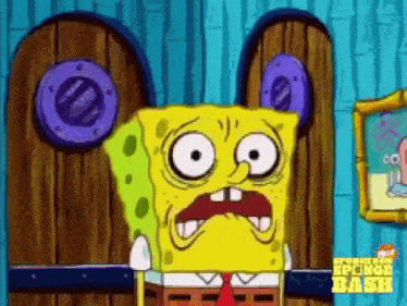 spongebob squarepants is making a funny face in front of a wooden wall .