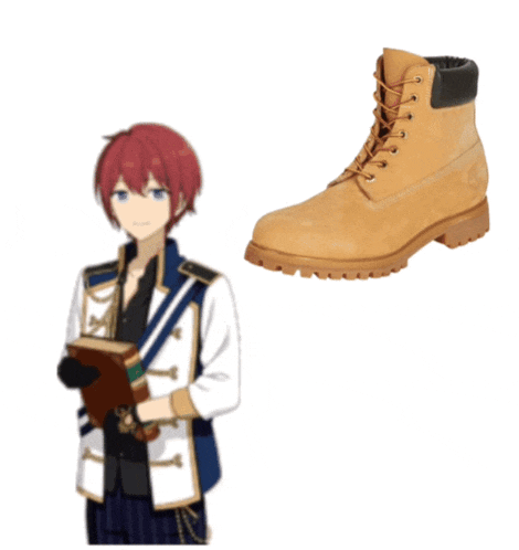 a man with red hair is standing next to a pair of boots