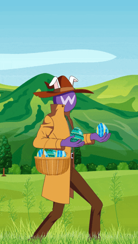 a cartoon of a man with bunny ears carrying an easter basket full of eggs