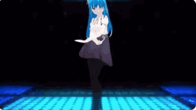 a 3d anime girl with blue hair is dancing on a blue dance floor .