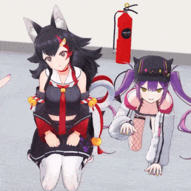 a red fire extinguisher that says ' holder ' on it is next to two anime girls