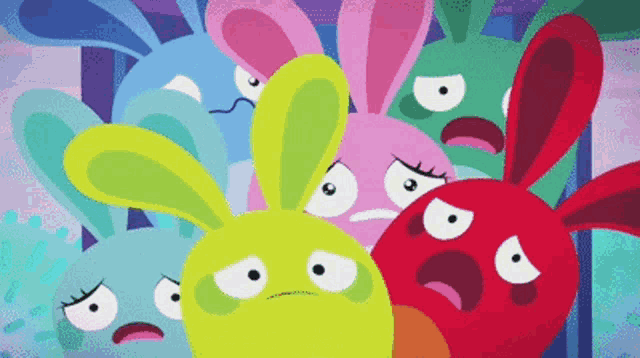 a bunch of cartoon rabbits with different facial expressions on their faces