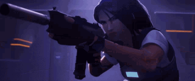 a woman in a video game is holding a gun and shooting it .