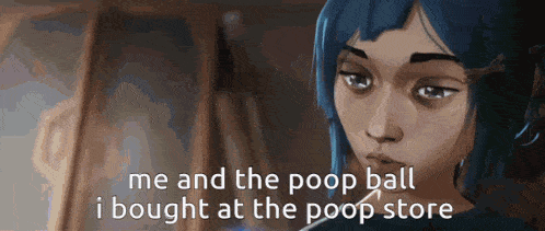 a woman with blue hair is talking about the poop ball she bought at the poop store