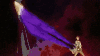 a man is standing in front of a purple light coming from a purple object .