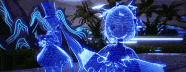 a couple of anime characters are standing next to each other in a dark room .