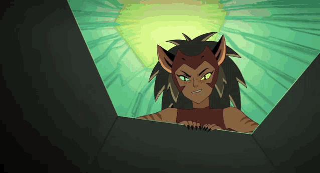 a cartoon character is looking out of a window with a green light behind her