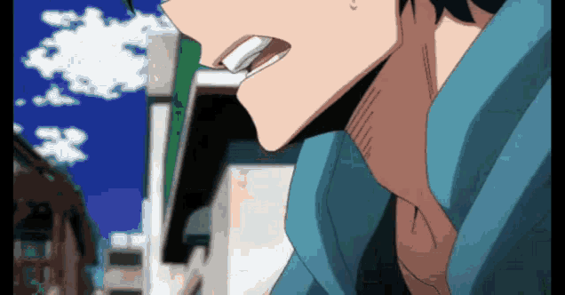 a close up of a person 's face with a building in the background