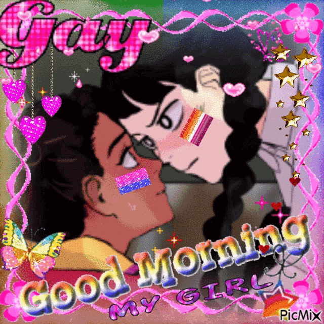 a picture of a gay couple kissing with the words good morning my girl on the bottom
