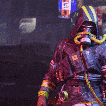 a man wearing a gas mask is giving a thumbs up in front of a coca cola sign