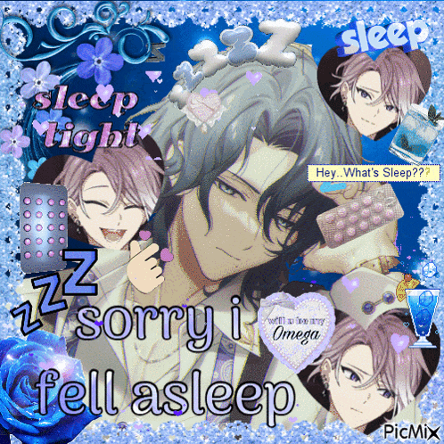a collage of anime characters with the words " sorry i fell asleep "